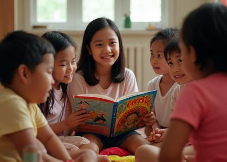 Mga batang nakikinig sa isang tagakuwento